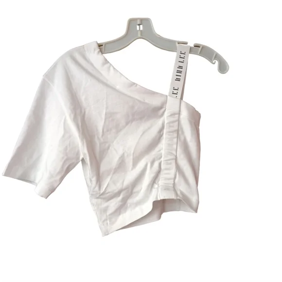 NWT Dion Lee Midweight Jersey Asymmetrical Gathered White Logo Tee - Size 0